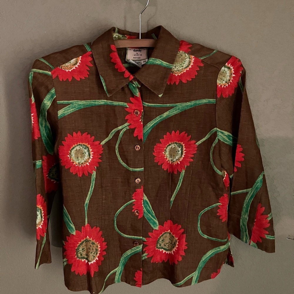 Chico's Boxy Red and Brown 3/4 Sleeve Notched Collar Shirt 100 Linen size S